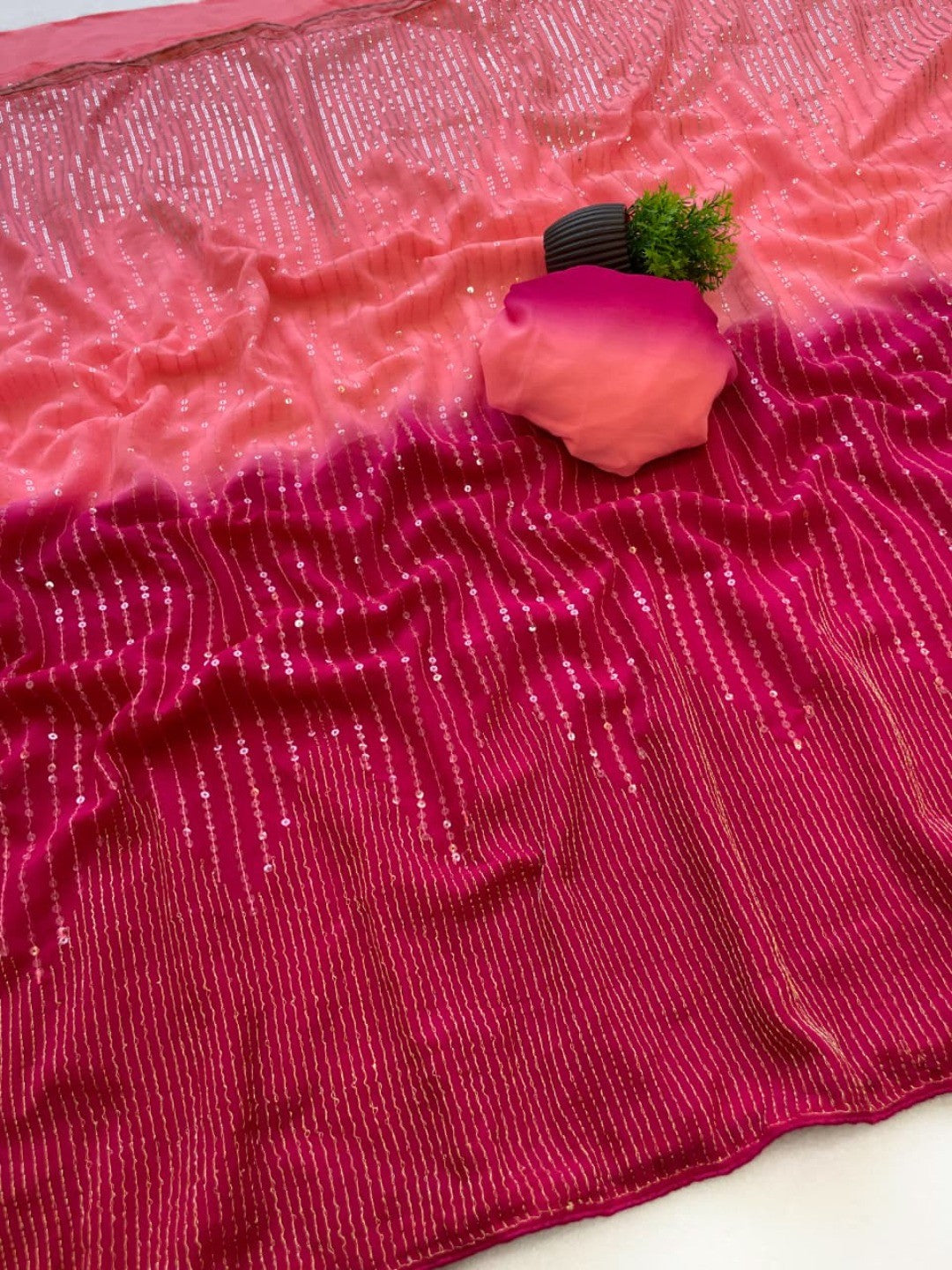 Stunning Pink Georgette Saree with Heavy Zari and Sequins Embroidery Work - Image 2