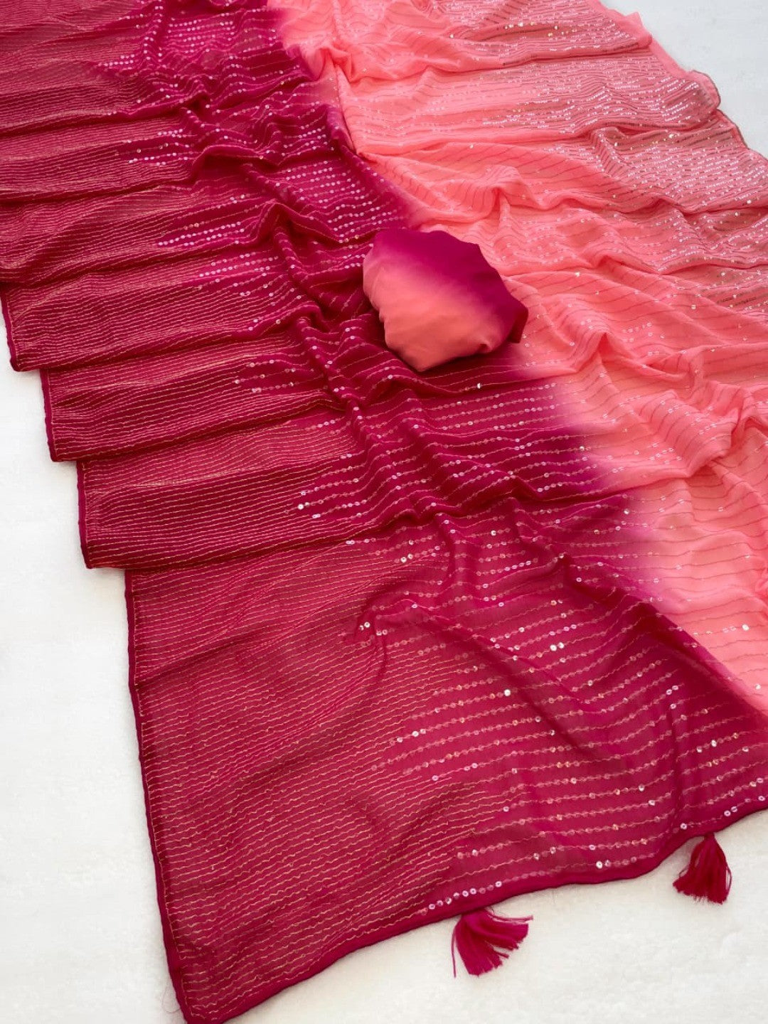 Stunning Pink Georgette Saree with Heavy Zari and Sequins Embroidery Work - Image 3