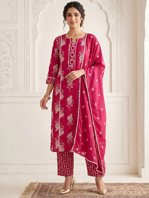 Elegant Pink Floral Printed Pure Cotton Straight Kurta Set with Dupatta - Image 1