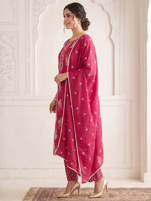 Elegant Pink Floral Printed Pure Cotton Straight Kurta Set with Dupatta - Image 2