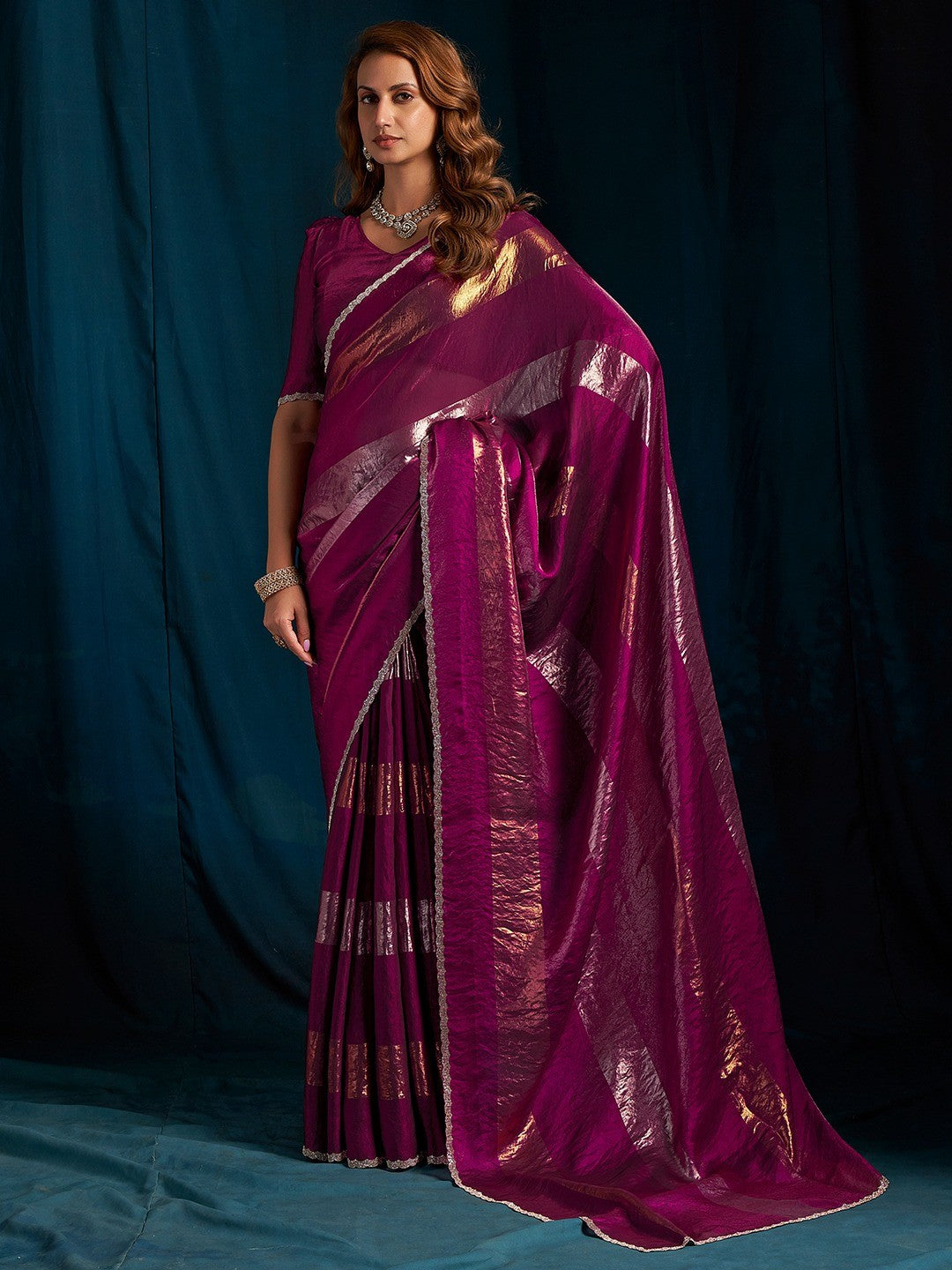 Elegant Wine Satin Silk Saree Featuring Striped Foil Printed Design & Stone Work Border - Image 1