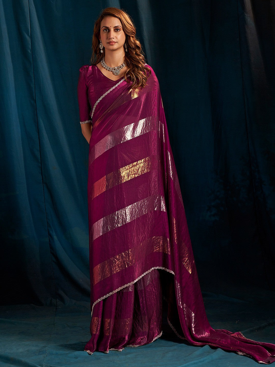 Elegant Wine Satin Silk Saree Featuring Striped Foil Printed Design & Stone Work Border - Image 7