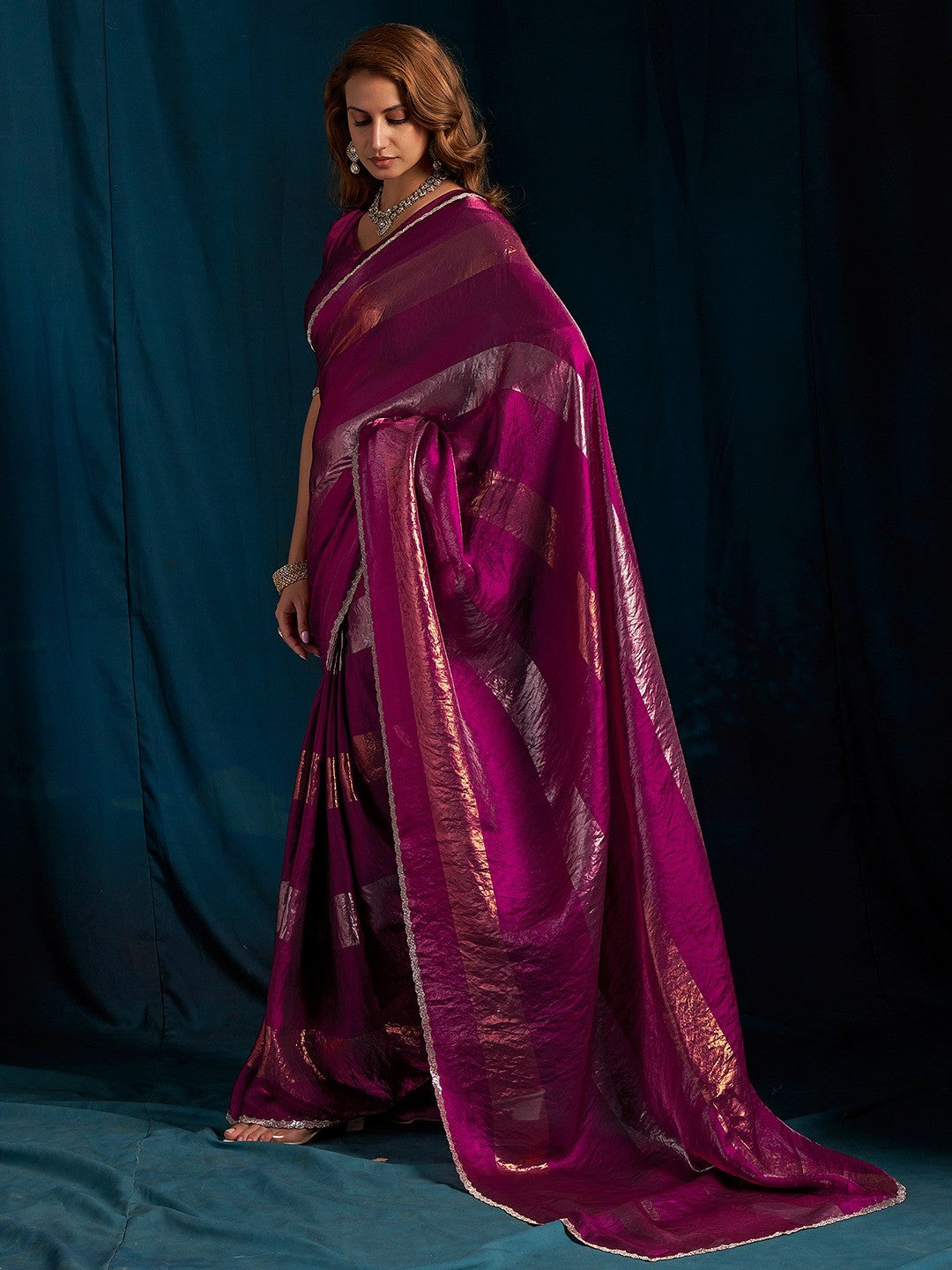 Elegant Wine Satin Silk Saree Featuring Striped Foil Printed Design & Stone Work Border - Image 2