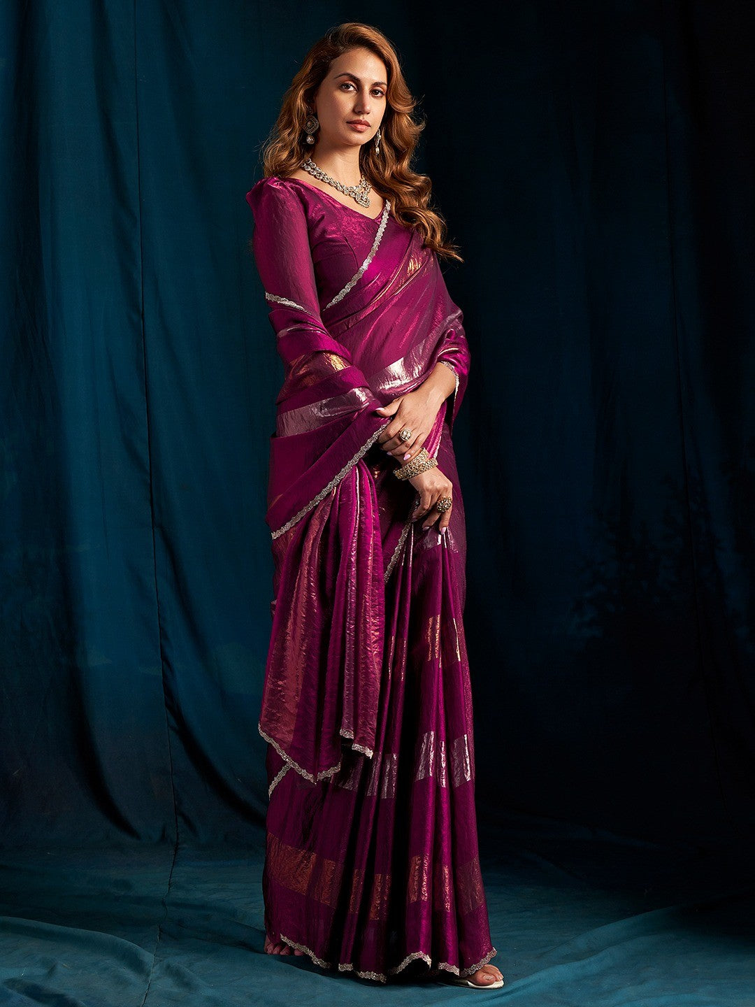 Elegant Wine Satin Silk Saree Featuring Striped Foil Printed Design & Stone Work Border - Image 4