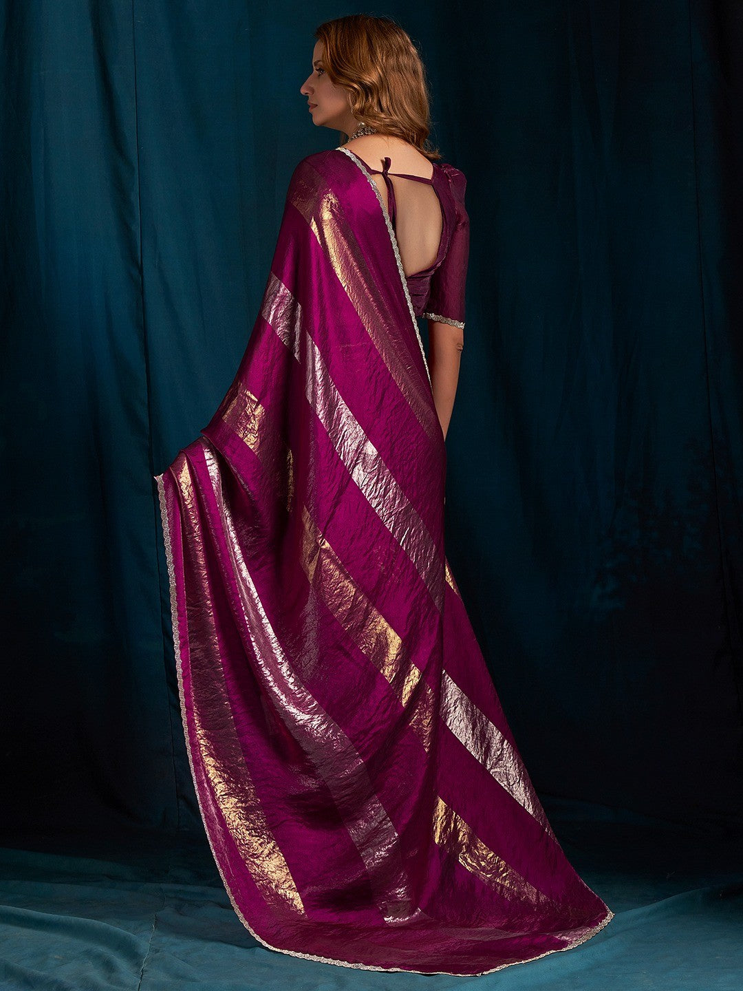 Elegant Wine Satin Silk Saree Featuring Striped Foil Printed Design & Stone Work Border - Image 6