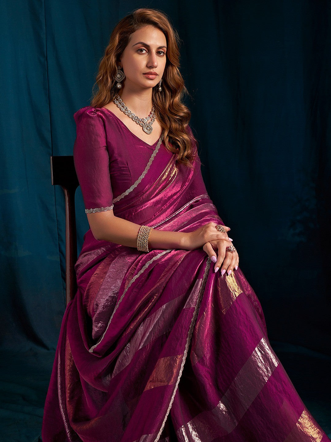 Elegant Wine Satin Silk Saree Featuring Striped Foil Printed Design & Stone Work Border - Image 5