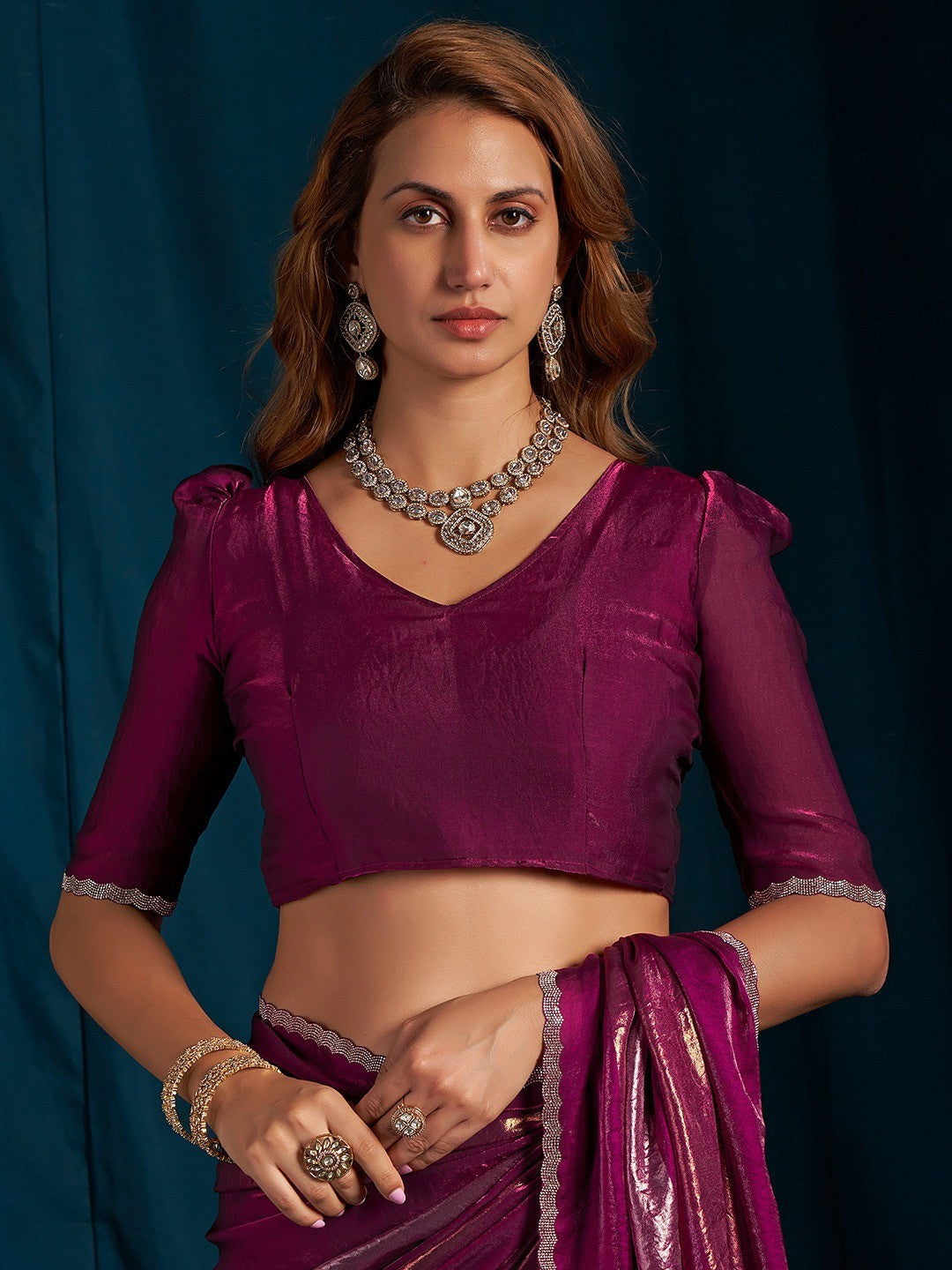 Elegant Wine Satin Silk Saree Featuring Striped Foil Printed Design & Stone Work Border - Image 3