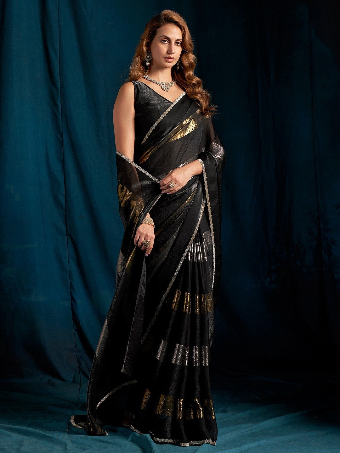 Elegant Black Satin Silk Saree Featuring Striped Foil Printed Design & Stone Work Border - Image 3