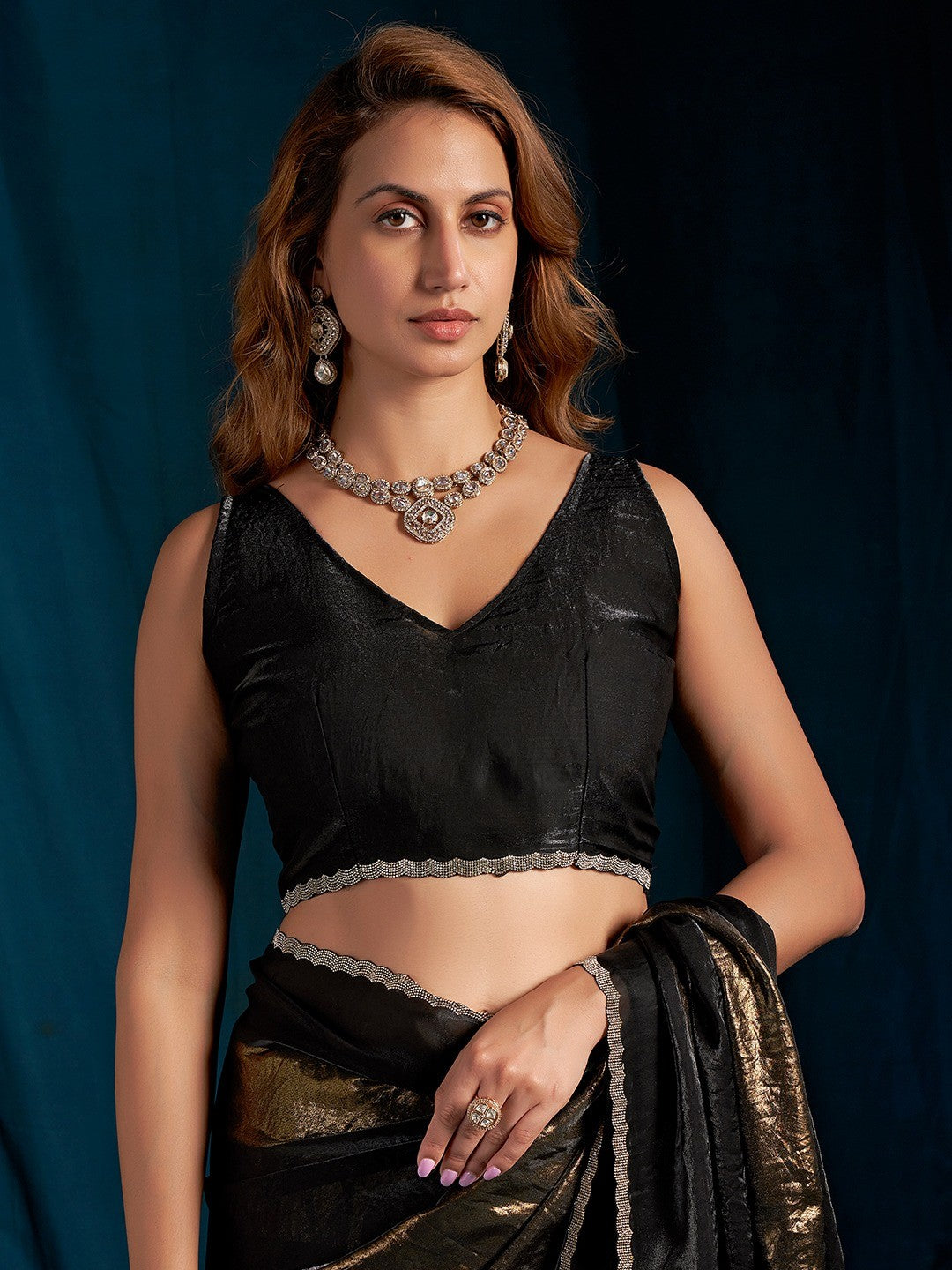 Elegant Black Satin Silk Saree Featuring Striped Foil Printed Design & Stone Work Border - Image 2