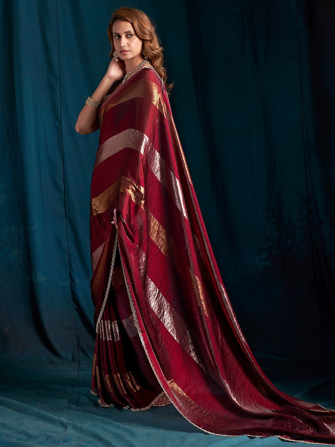 Elegant Maroon Satin Silk Saree Featuring Striped Foil Printed Design & Stone Work Border - Image 3