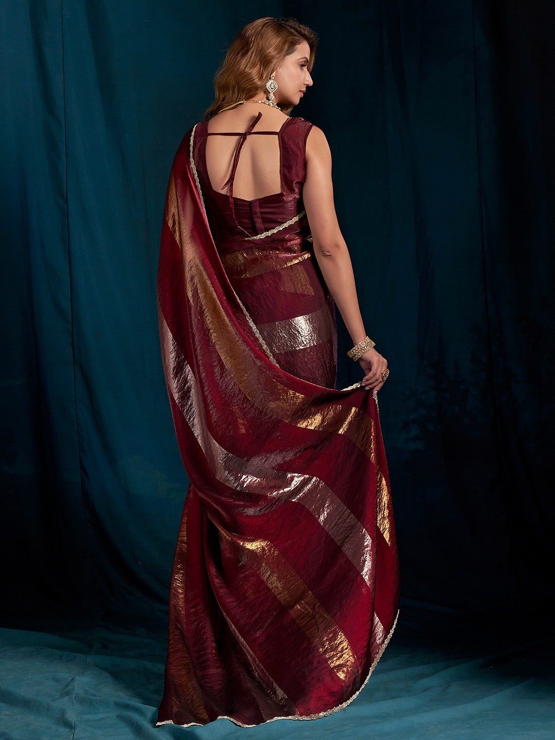 Elegant Maroon Satin Silk Saree Featuring Striped Foil Printed Design & Stone Work Border - Image 4