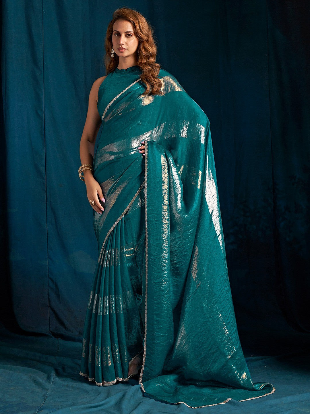 Elegant Teal Satin Silk Saree Featuring Striped Foil Printed Design & Stone Work Border - Image 1
