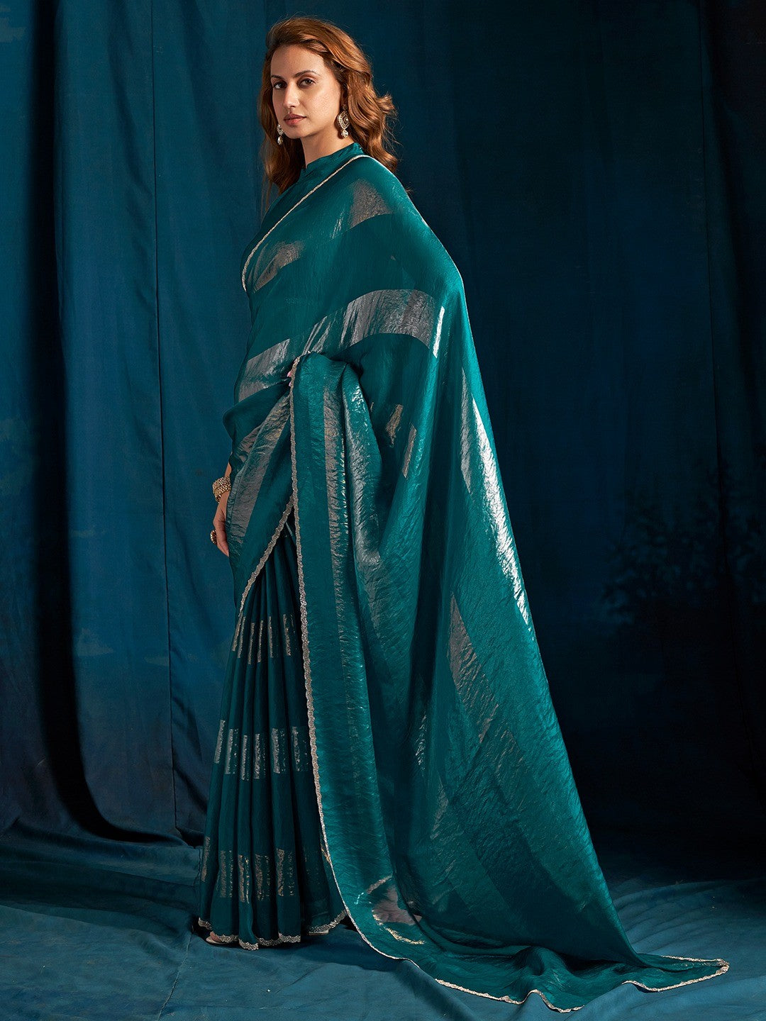 Elegant Teal Satin Silk Saree Featuring Striped Foil Printed Design & Stone Work Border - Image 4