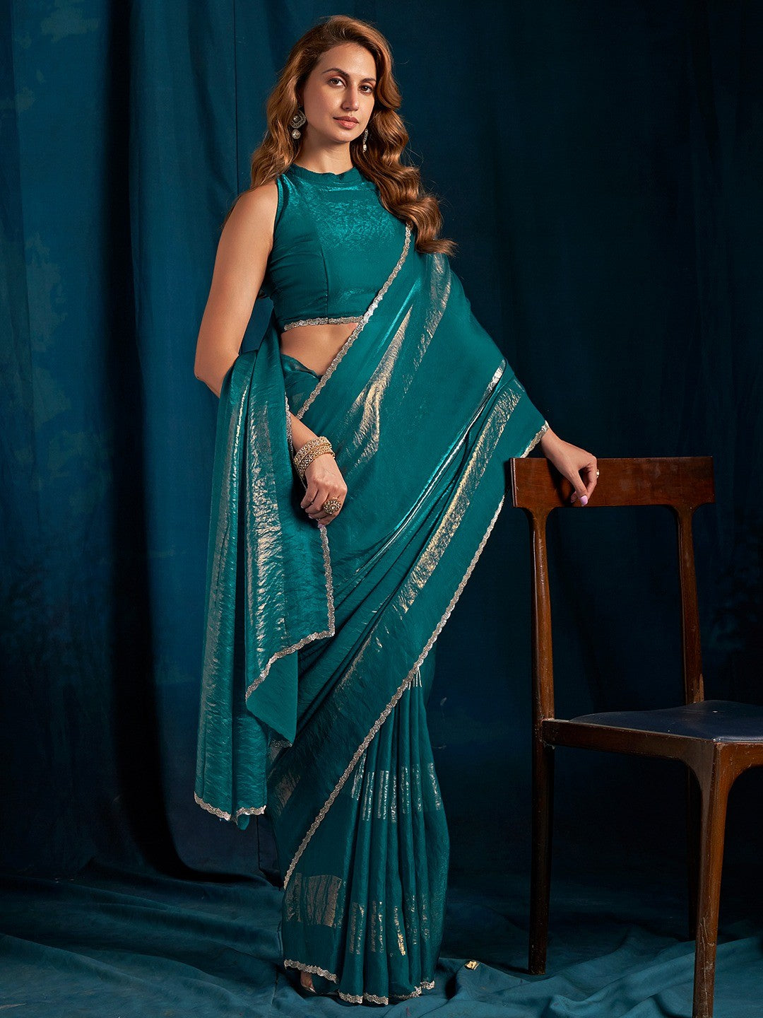 Elegant Teal Satin Silk Saree Featuring Striped Foil Printed Design & Stone Work Border - Image 7