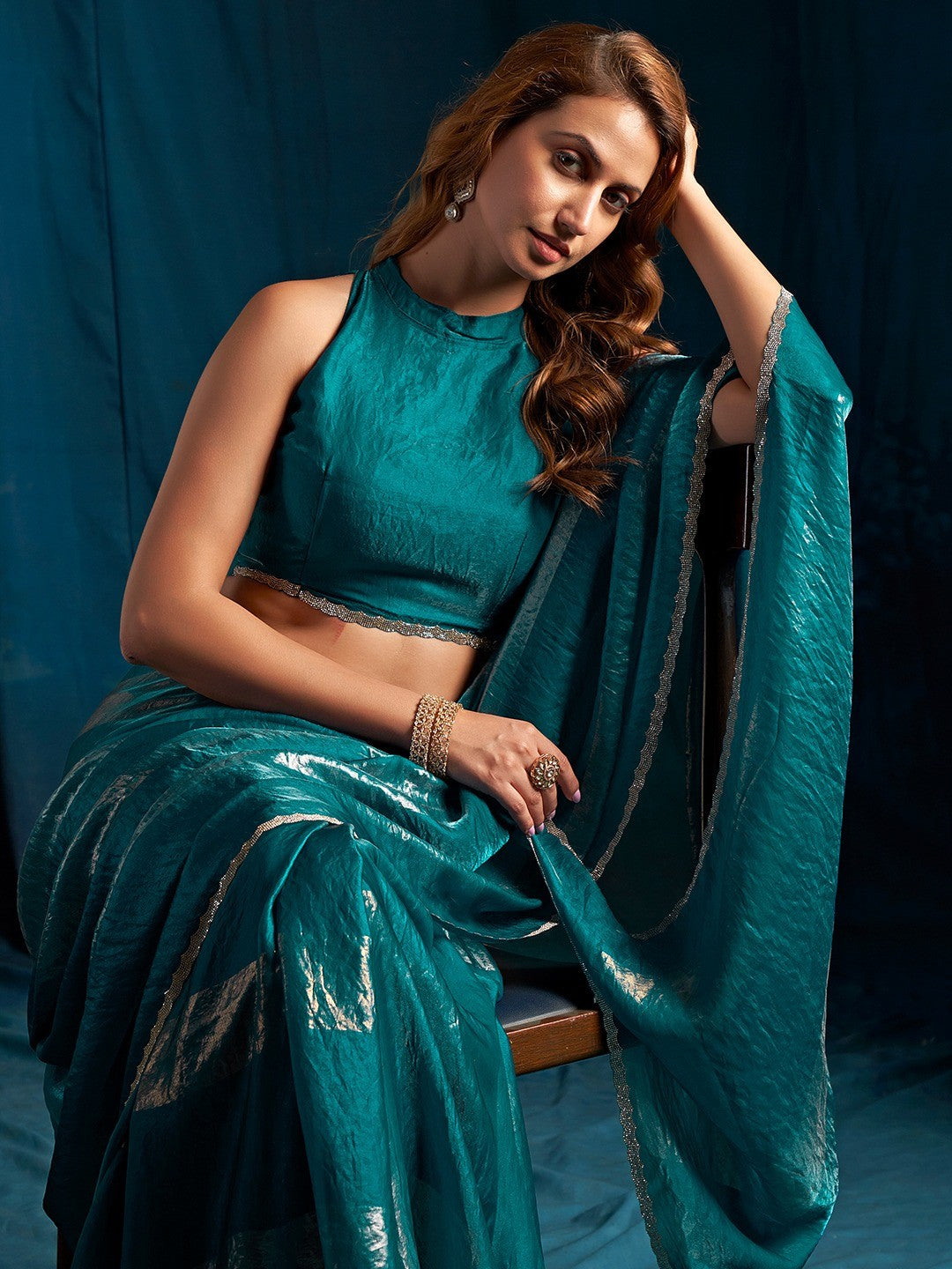 Elegant Teal Satin Silk Saree Featuring Striped Foil Printed Design & Stone Work Border - Image 3