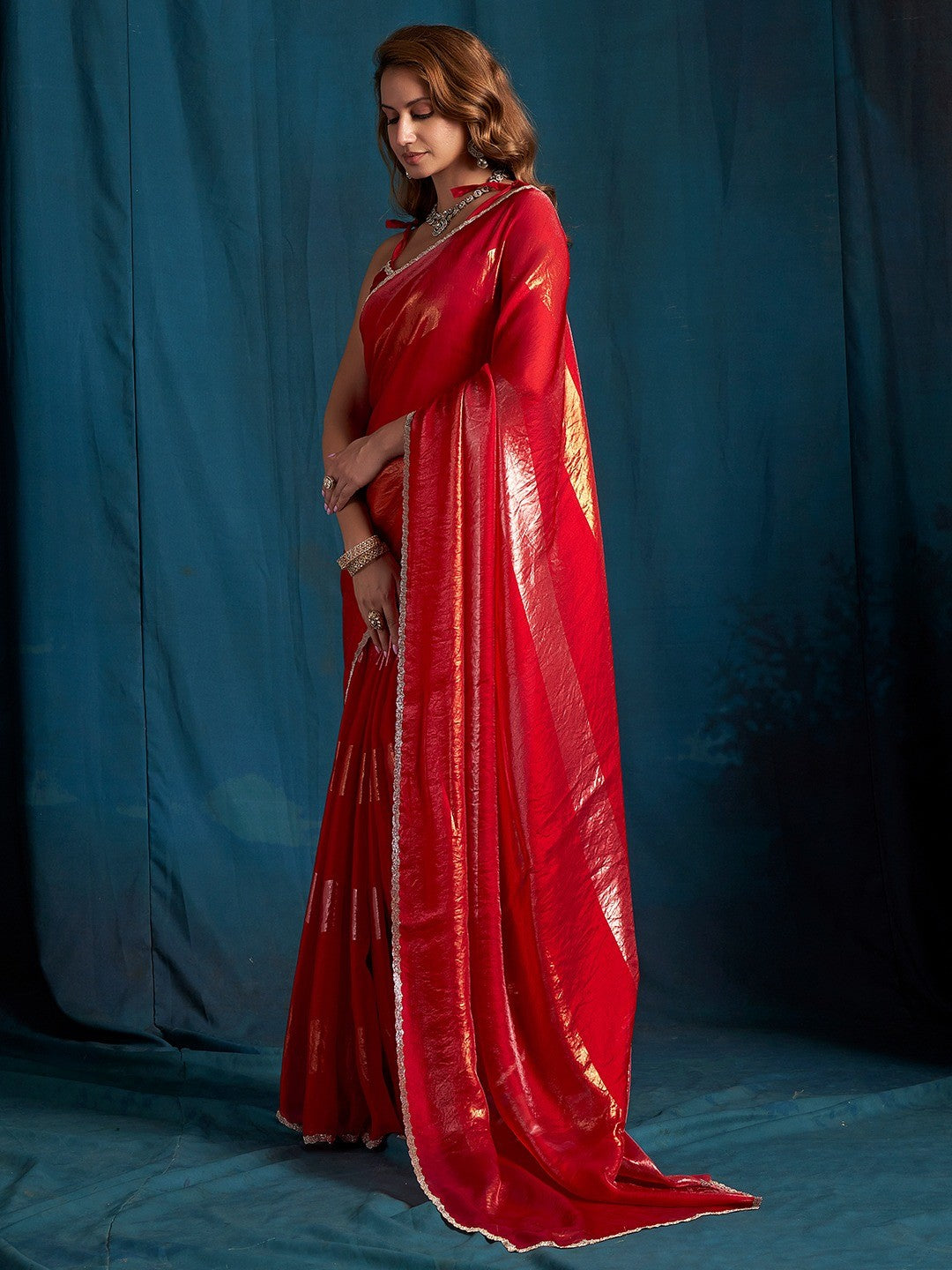 Elegant Red Satin Silk Saree Featuring Striped Foil Printed Design & Stone Work Border - Image 3