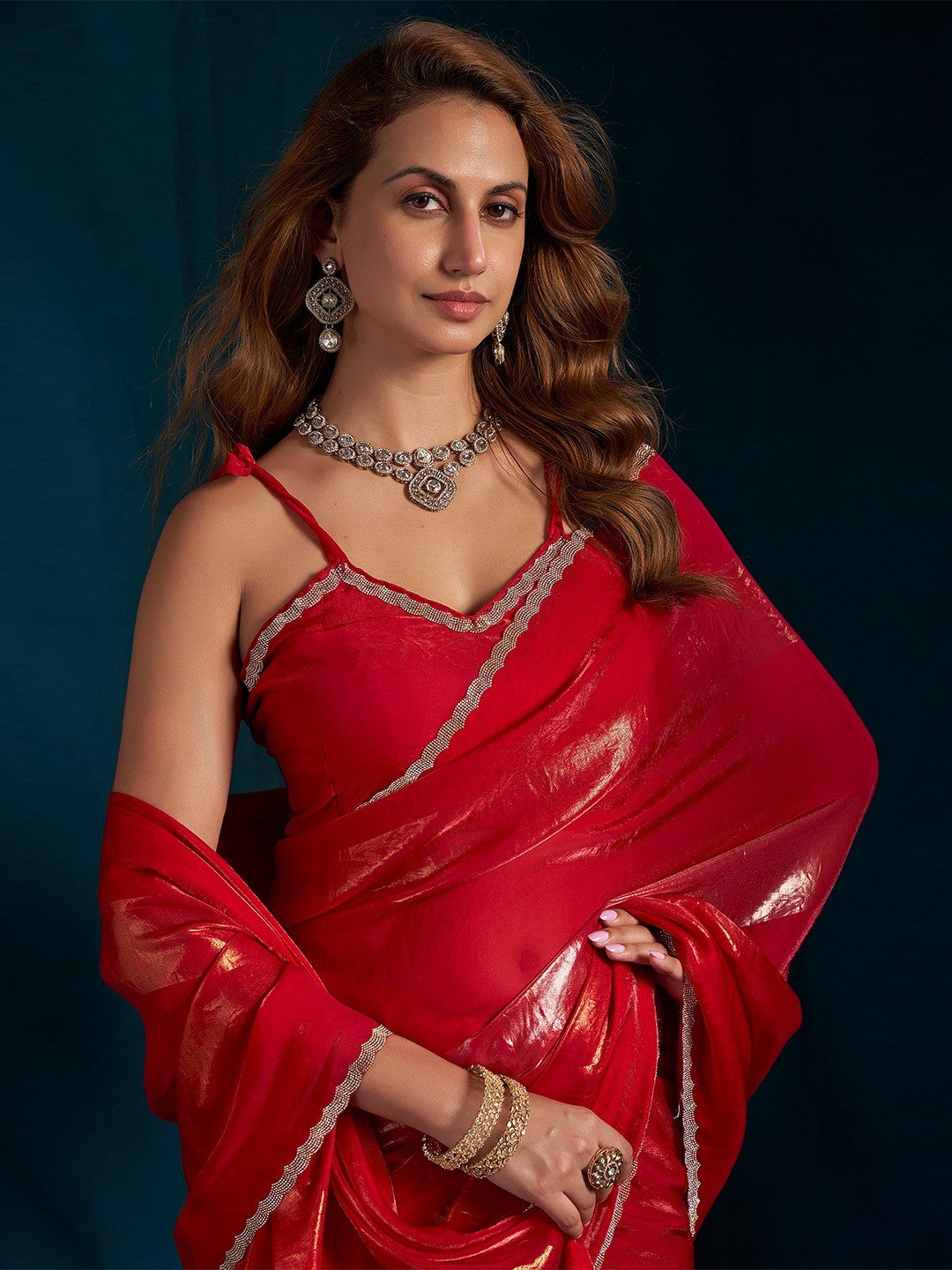 Elegant Red Satin Silk Saree Featuring Striped Foil Printed Design & Stone Work Border - Image 5