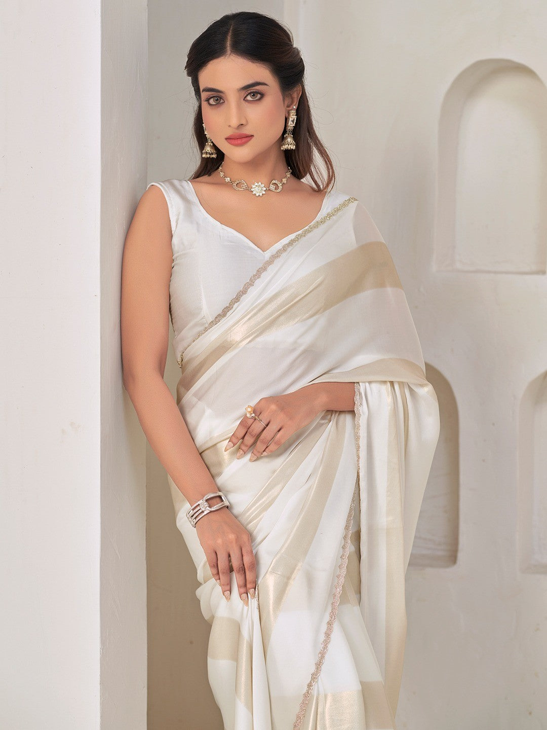 Elegant White Satin Silk Saree Featuring Striped Foil Printed Design & Stone Work Border - Image 3