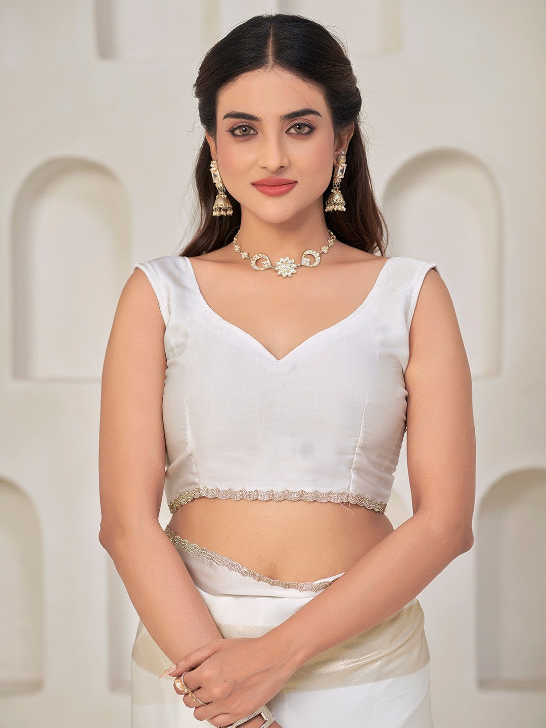 Elegant White Satin Silk Saree Featuring Striped Foil Printed Design & Stone Work Border - Image 4
