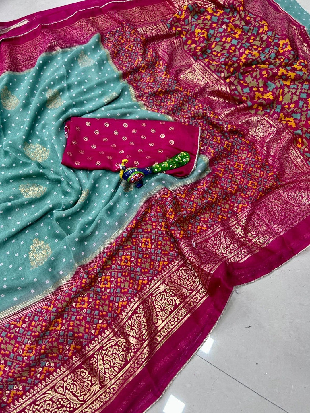 Elegant Blue Georgette Saree with Bandhani Print and Zari Border - Image 2