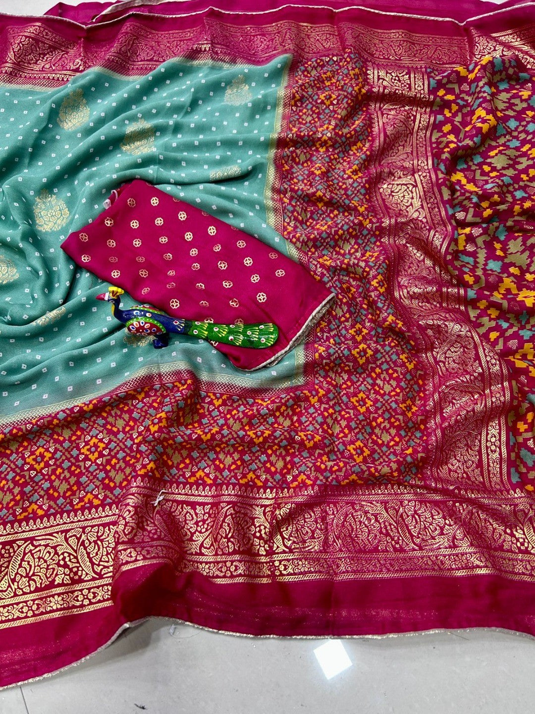 Elegant Blue Georgette Saree with Bandhani Print and Zari Border - Image 3