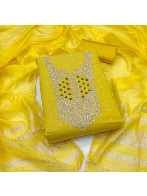 Elegant Yellow Jacquard Dress Material with Embroidered Neckline - Image 1