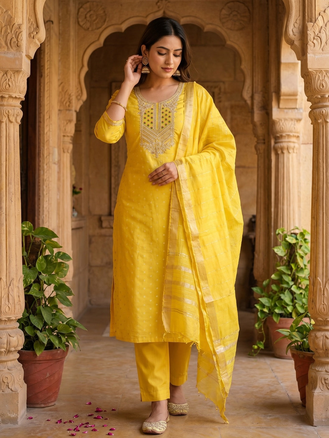 Elegant Yellow Jacquard Dress Material with Embroidered Neckline