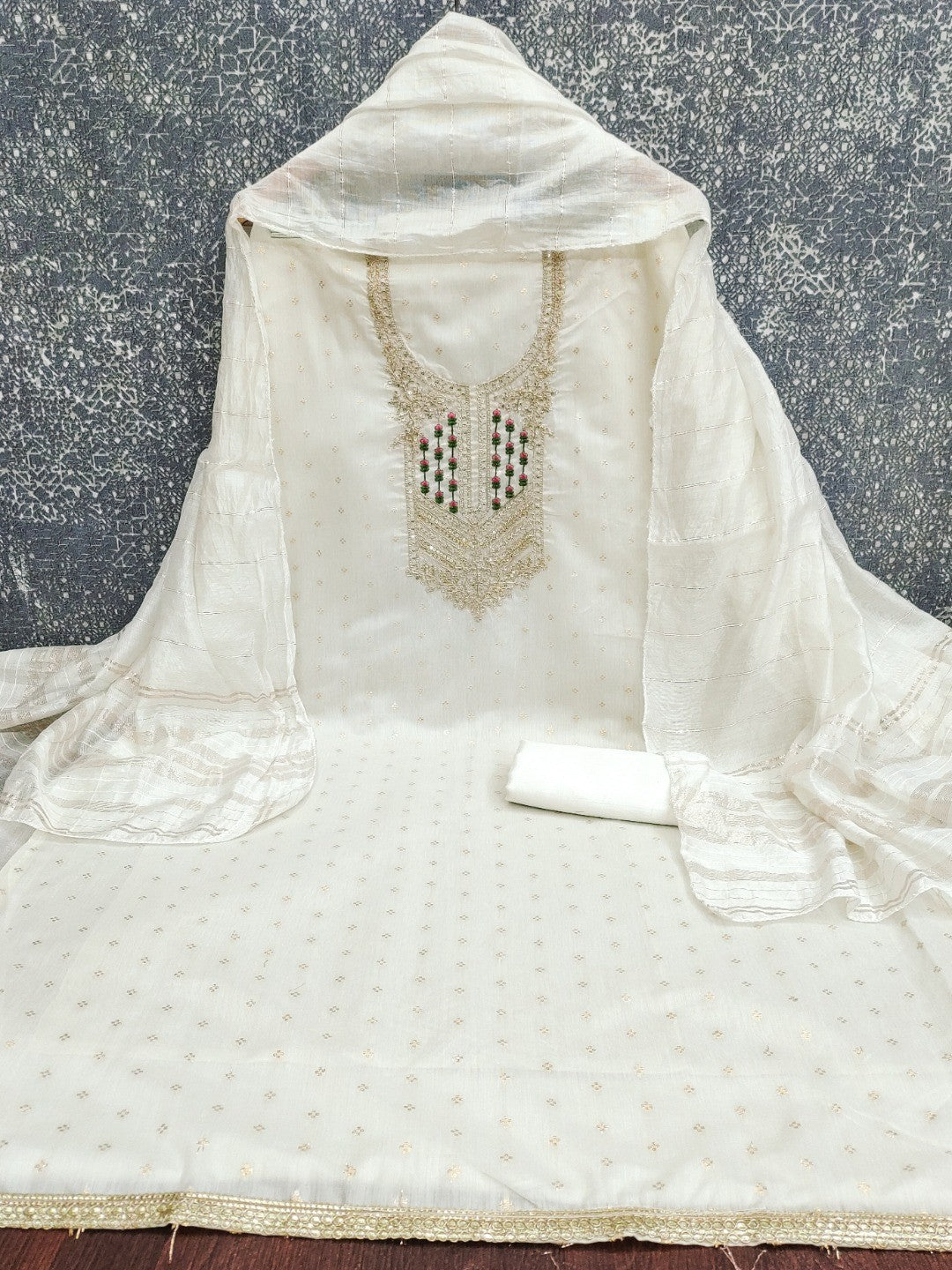 Elegant White Jacquard Dress Material with Embroidered Neckline - Image 3