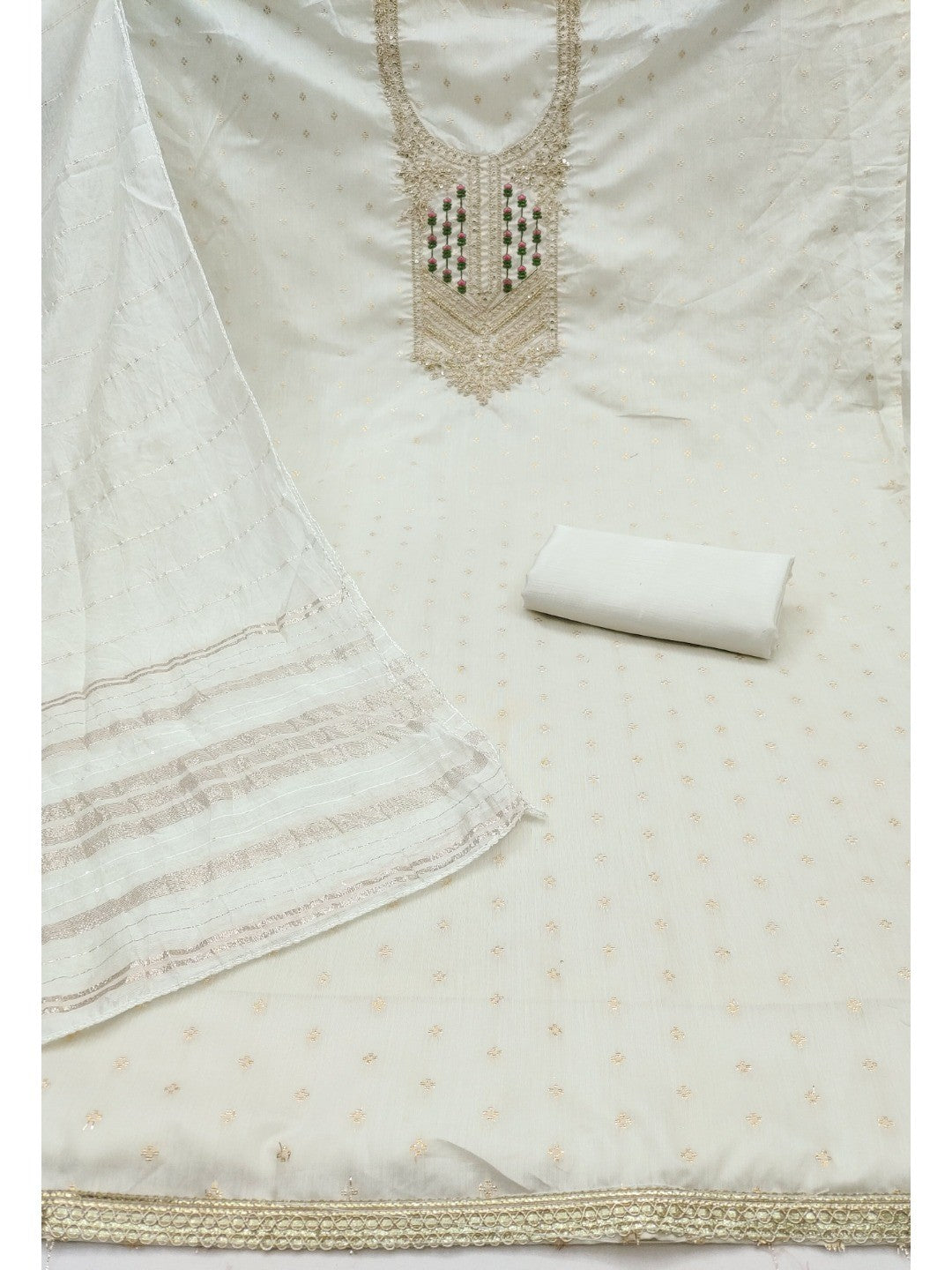 Elegant White Jacquard Dress Material with Embroidered Neckline - Image 2