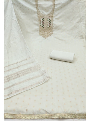 Elegant White Jacquard Dress Material with Embroidered Neckline - Image 2