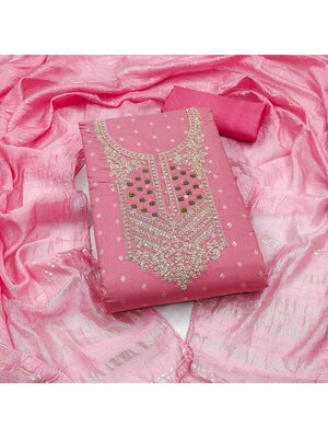 Elegant Pink Jacquard Dress Material with Embroidered Neckline - Image 1