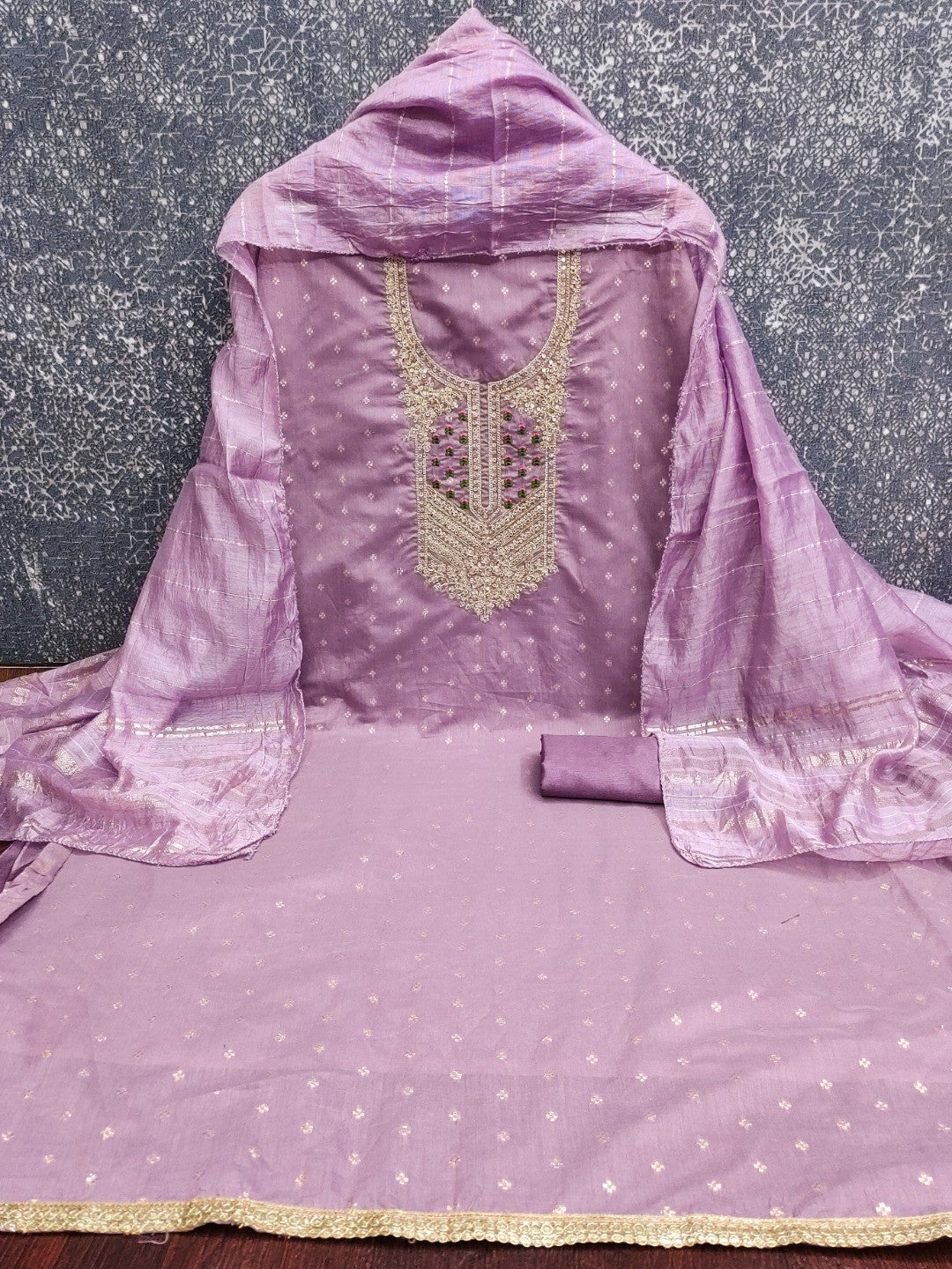 Elegant Purple Jacquard Dress Material with Embroidered Neckline - Image 3