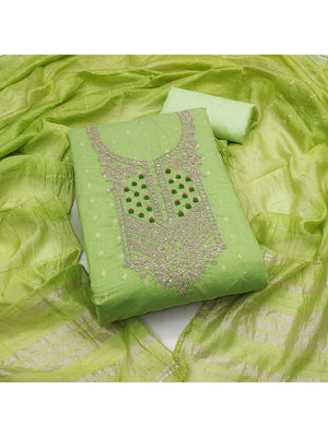 Elegant Green Jacquard Dress Material with Embroidered Neckline - Image 1