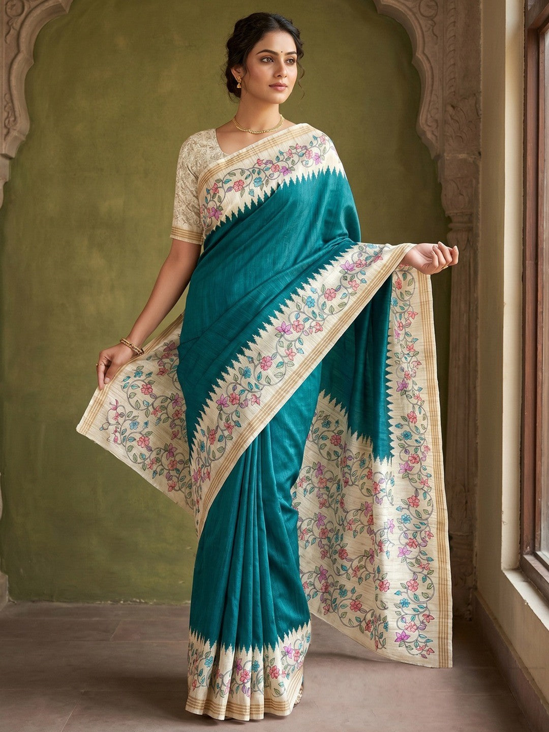 Luxurious Teal Floral Digital Print Dola Silk Saree With Stylish Designer Work - Image 1