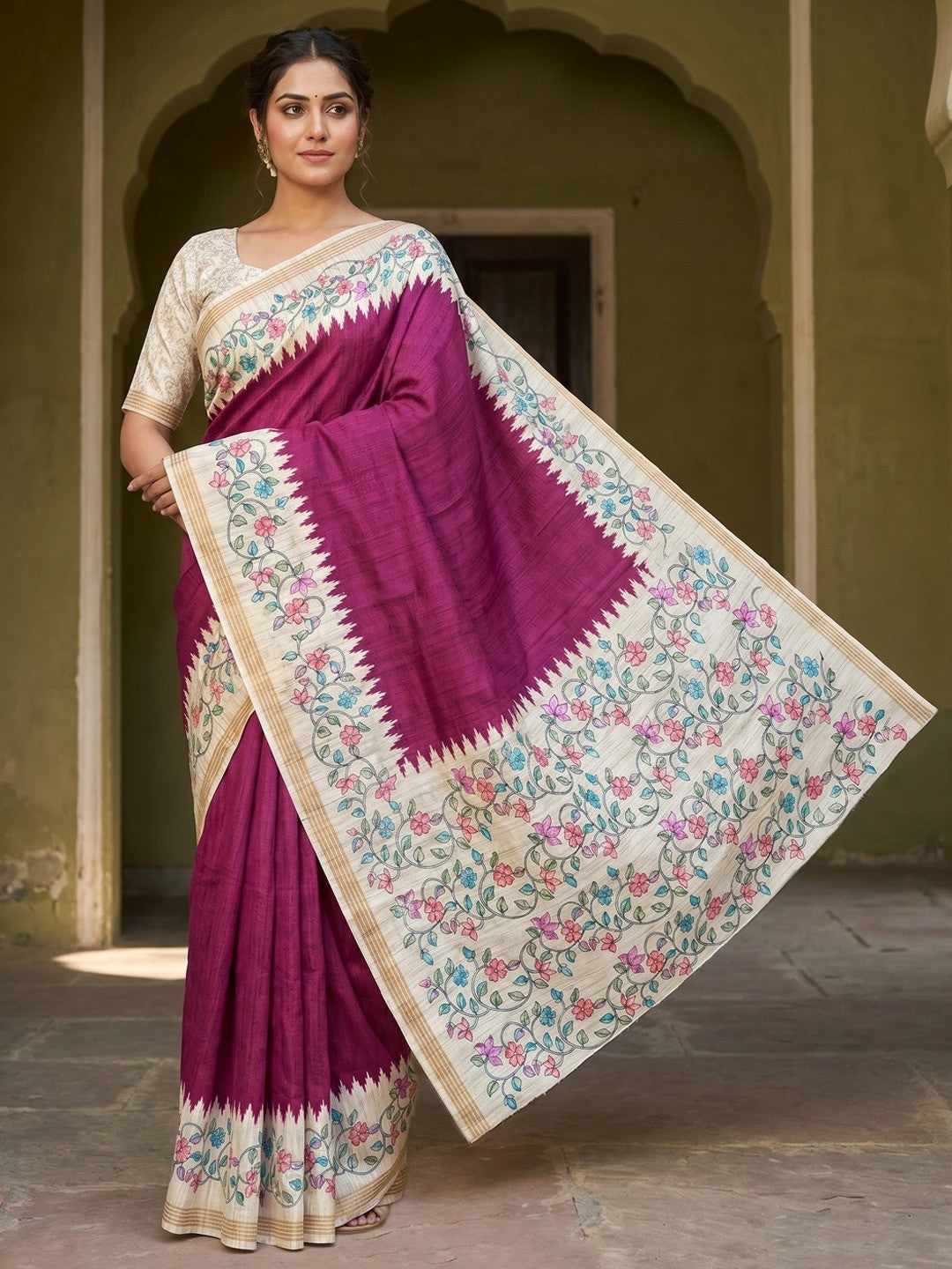 Luxurious Wine Floral Digital Print Dola Silk Saree With Stylish Designer Work - Image 1