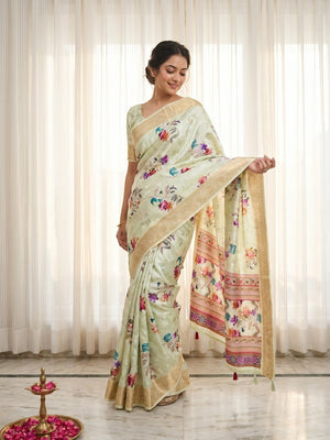 Stylish Pista Green Floral Digital Printed Dola Silk Saree With Elegant Woven Border - Image 1
