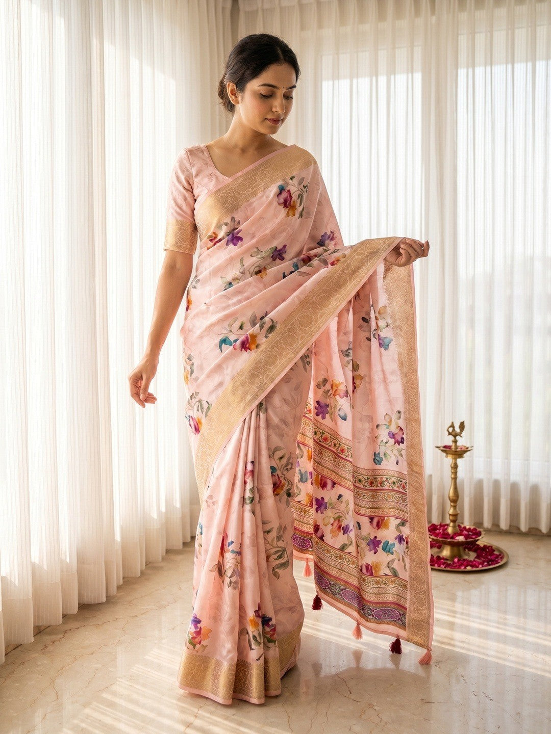 Stylish Peach Floral Digital Printed Dola Silk Saree With Elegant Woven Border - Image 1
