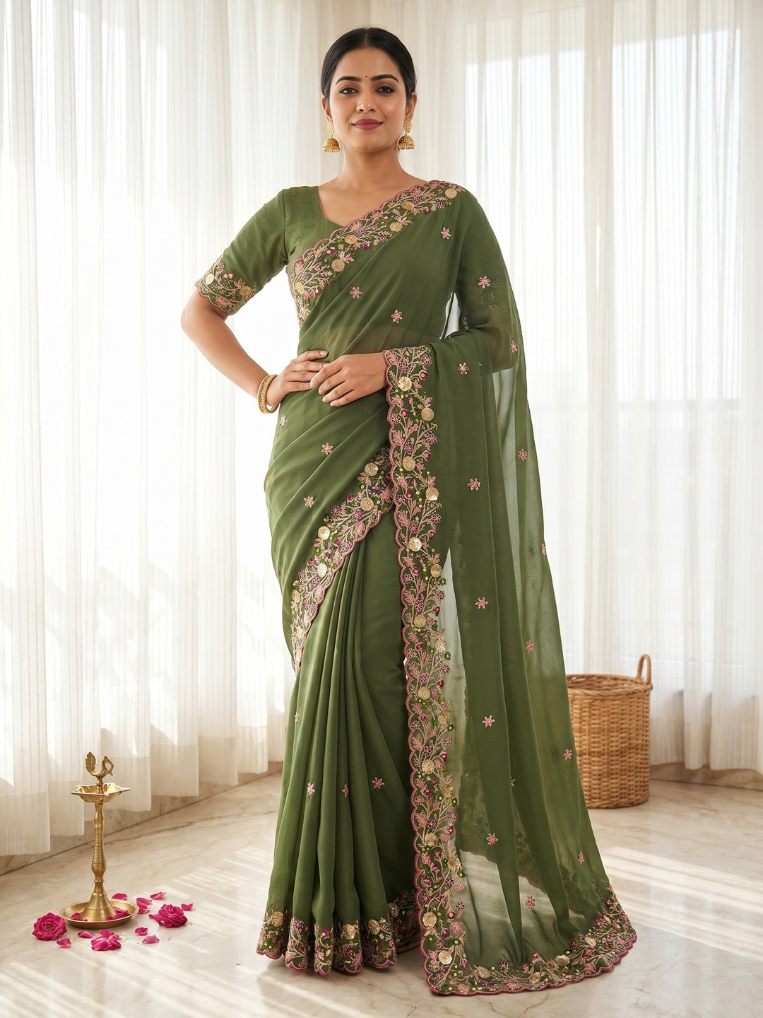 Olive Georgette Saree with Heavy Coding Floral Thread Embroidery Work - Image 1