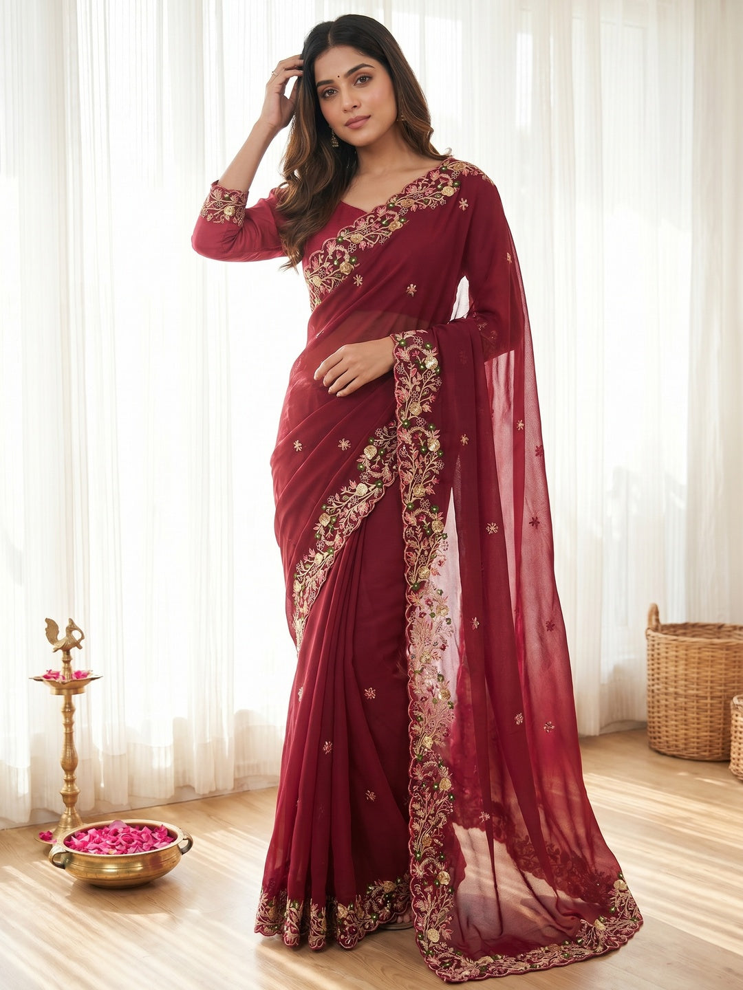 Maroon Georgette Saree with Heavy Coding Floral Thread Embroidery Work - Image 1