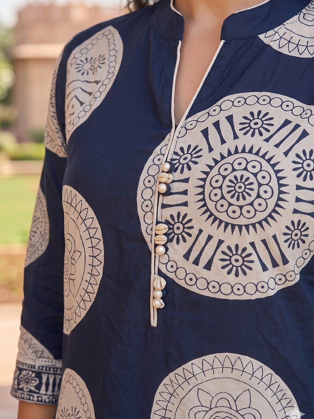 Navy Blue Geometric Printed Rayon Kurta Set with Palazzo - Image 4