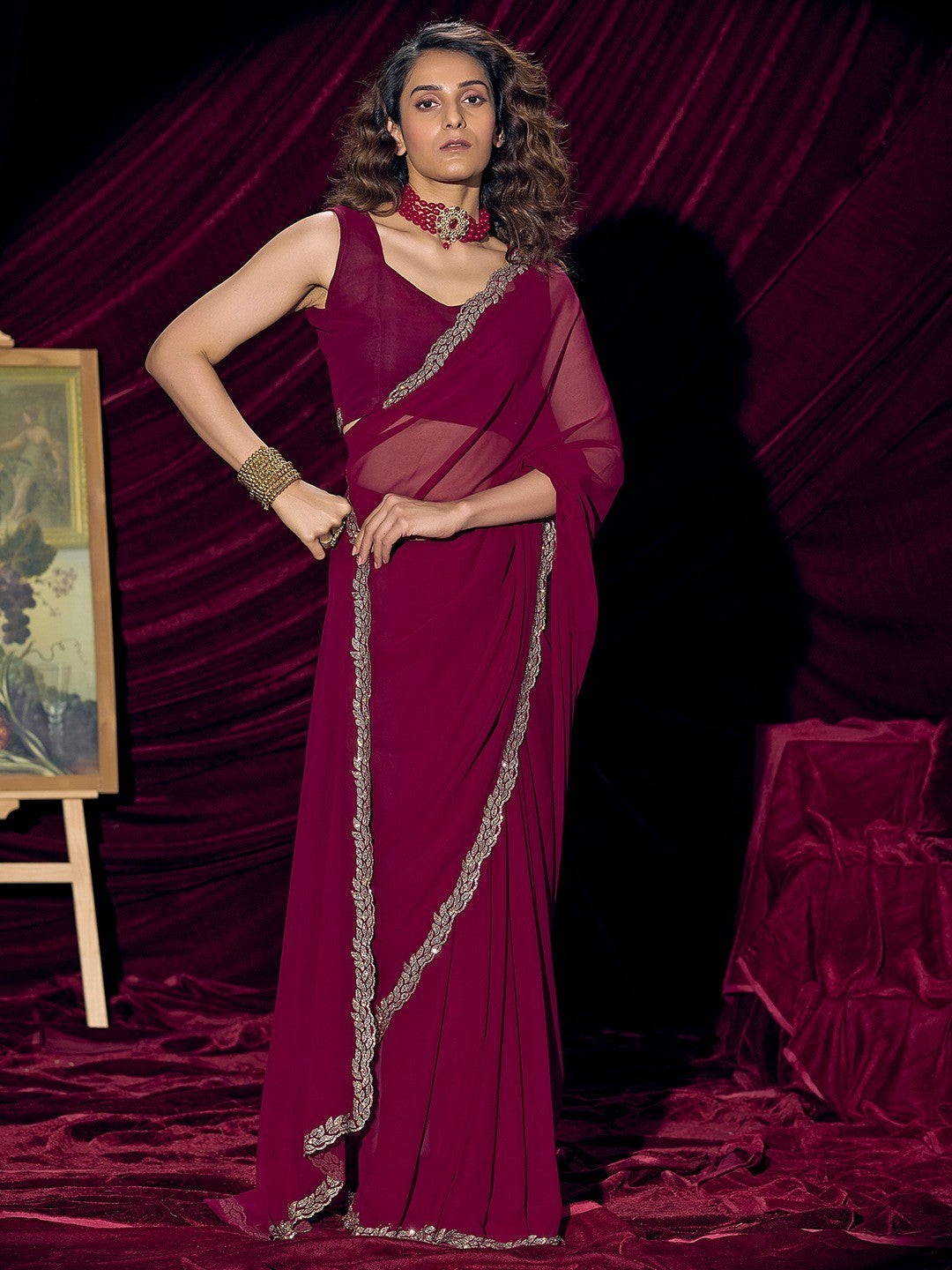 Glamorous Magenta Solid Georgette Saree Featuring Embellished Stone Border Work - Image 1