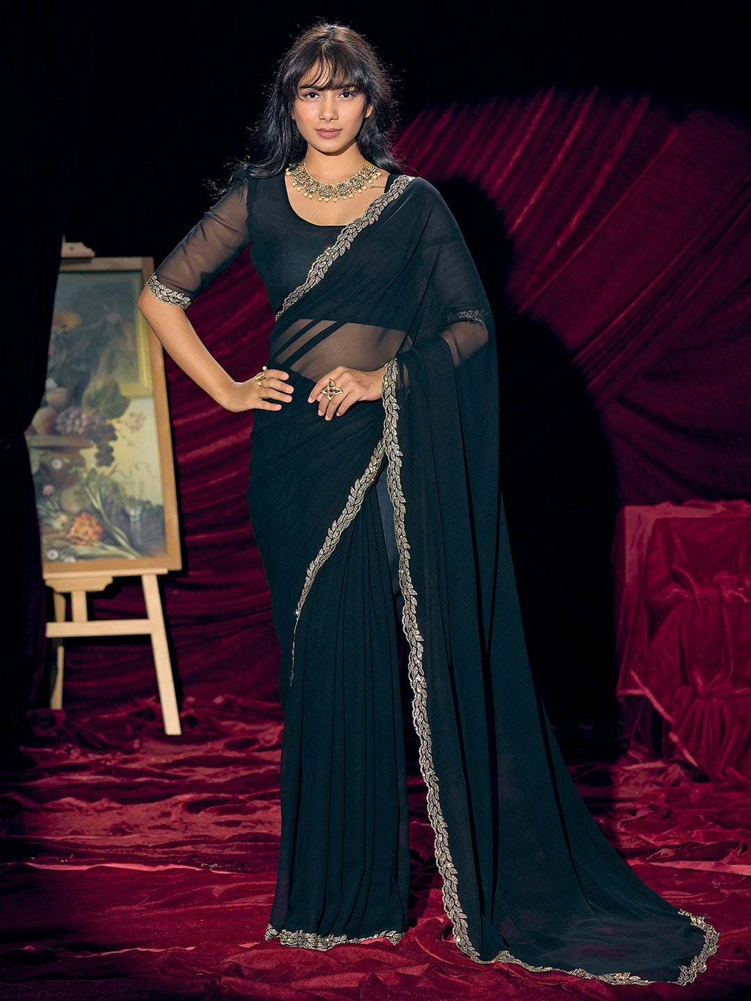 Glamorous Black Solid Georgette Saree Featuring Embellished Stone Border Work - Image 1