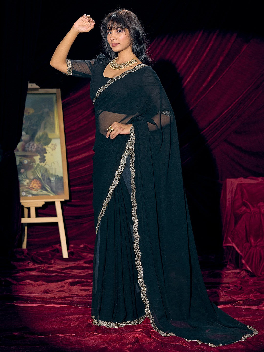 Glamorous Black Solid Georgette Saree Featuring Embellished Stone Border Work - Image 3