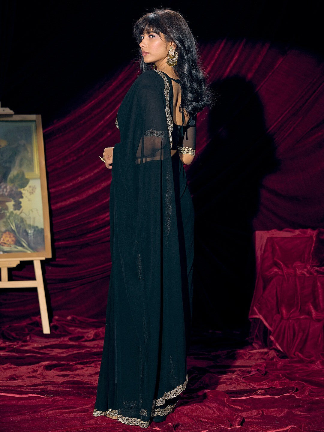 Glamorous Black Solid Georgette Saree Featuring Embellished Stone Border Work - Image 2