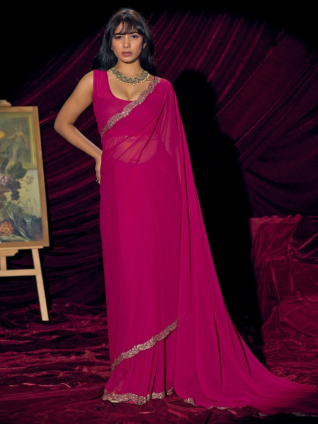Glamorous Pink Solid Georgette Saree Featuring Embellished Stone Border Work - Image 1