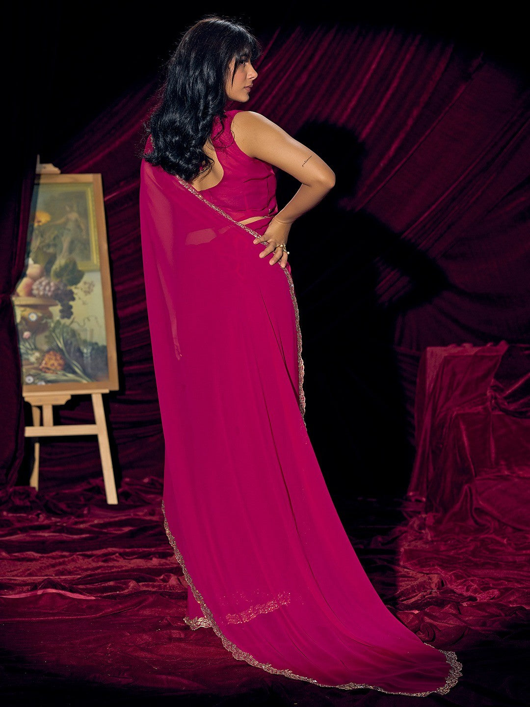 Glamorous Pink Solid Georgette Saree Featuring Embellished Stone Border Work - Image 4