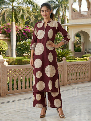 Maroon Geometric Printed Rayon Kurta Set with Palazzo - Image 1