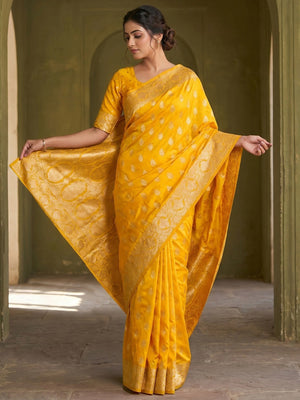Elegant Yellow Floral Zari Weaving Art Silk Saree With Graceful Traditional Craftsmanship - Image 1