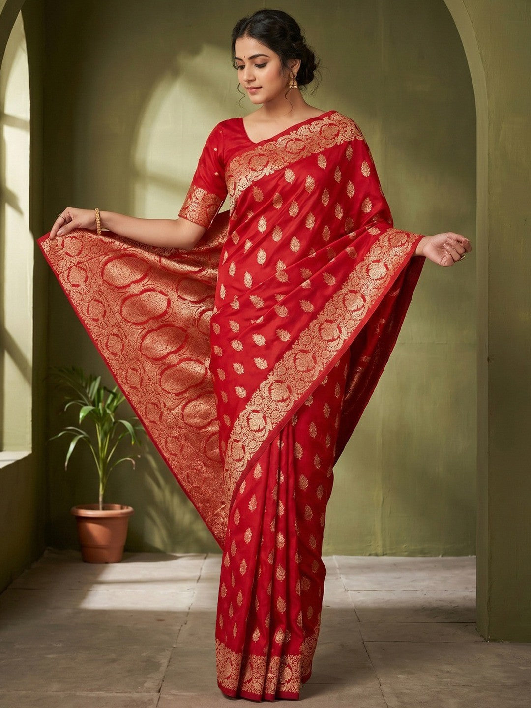 Elegant Red Floral Zari Weaving Art Silk Saree With Graceful Traditional Craftsmanship - Image 1