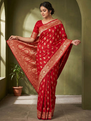 Elegant Red Floral Zari Weaving Art Silk Saree With Graceful Traditional Craftsmanship - Image 1